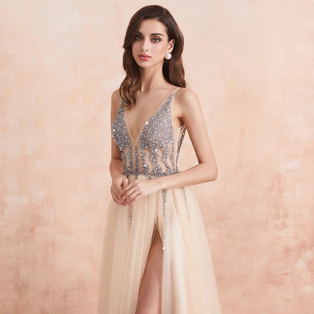 V Neck Evening Dresses with 2 Slits Sexy Backless Crystal Beaded Champagne Formal Prom Gown-payinti