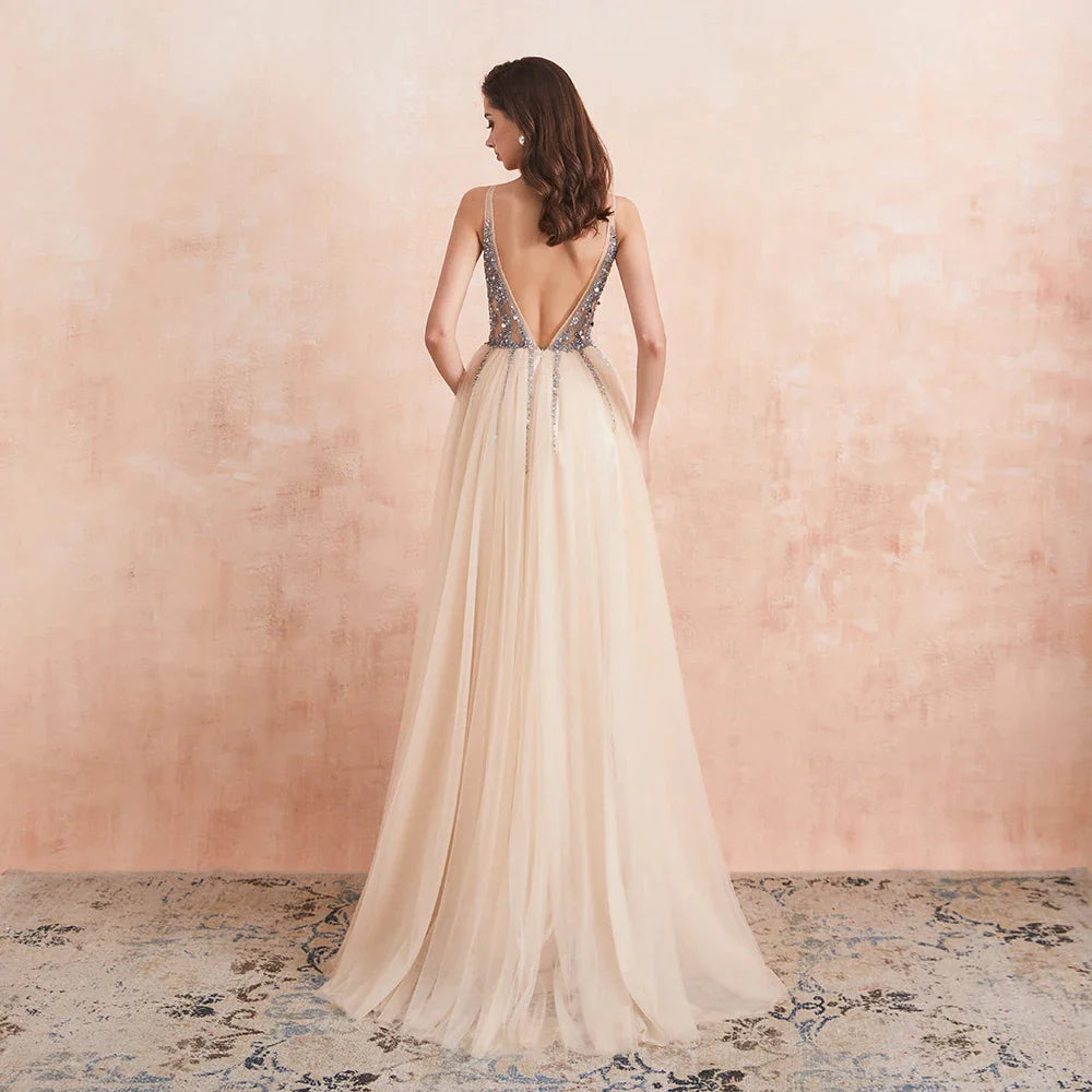 V Neck Evening Dresses with 2 Slits Sexy Backless Crystal Beaded Champagne Formal Prom Gown-payinti