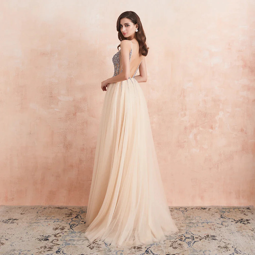 V Neck Evening Dresses with 2 Slits Sexy Backless Crystal Beaded Champagne Formal Prom Gown-payinti