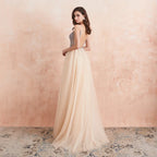 V Neck Evening Dresses with 2 Slits Sexy Backless Crystal Beaded Champagne Formal Prom Gown-payinti