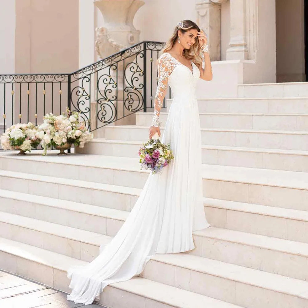 V Neck Long Sleeves Wedding Dresses Open Back White Lace Applique Bridal Dress For Wedding Party Country Vestido De Novia A-line-payinti