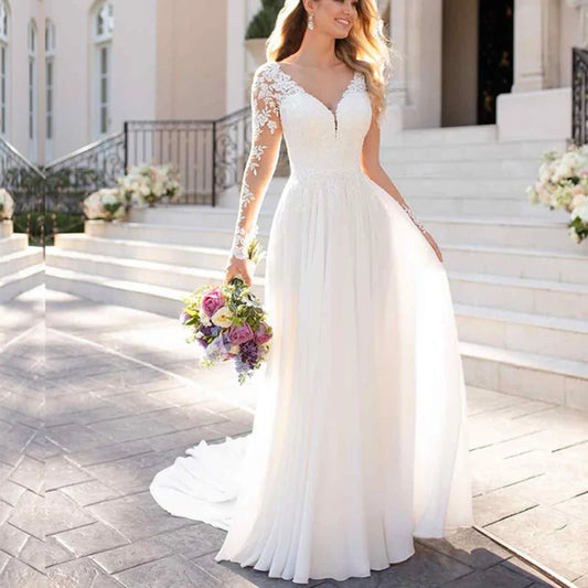 V Neck Long Sleeves Wedding Dresses Open Back White Lace Applique Bridal Dress For Wedding Party Country Vestido De Novia A-line-payinti