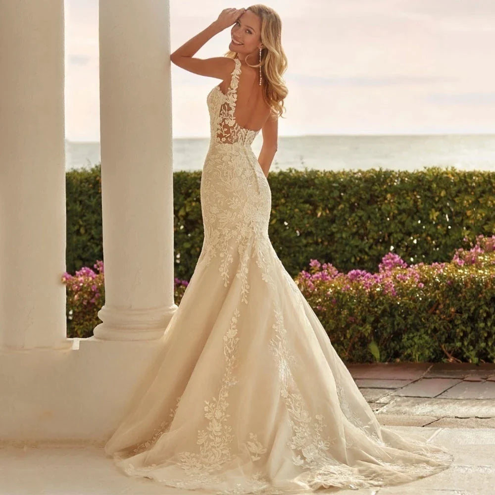 V-Neck Mermaid Wedding Dresses Sleeveless Sexy Backless Vestidos De Novia Applqiues Vestido De Noiva-payinti