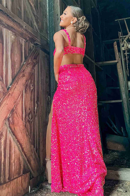 Pinkes Pailletten-Ballkleid mit Schlitz SYP110