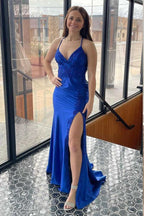 V-Neck Lace-Up Mermaid Black Prom Dress with Slit