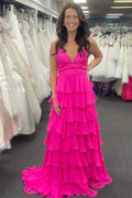 Vestido de fiesta fucsia de gasa con volantes, tirantes y escote en V, con abertura PSK470