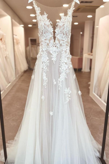 A-Linie V-Ausschnitt Chiffon Spitze Offener Rücken Lange Brautkleider Mit Schlitz