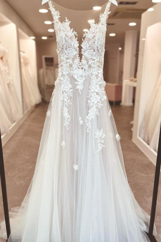 A-Linie V-Ausschnitt Chiffon Spitze Offener Rücken Lange Brautkleider Mit Schlitz