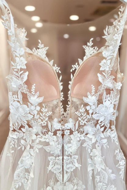 A-Linie V-Ausschnitt Chiffon Spitze Offener Rücken Lange Brautkleider Mit Schlitz