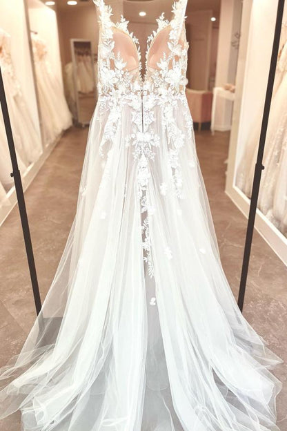 A-Linie V-Ausschnitt Chiffon Spitze Offener Rücken Lange Brautkleider Mit Schlitz