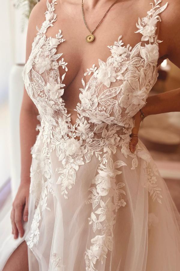 A-Linie V-Ausschnitt Chiffon Spitze Offener Rücken Lange Brautkleider Mit Schlitz