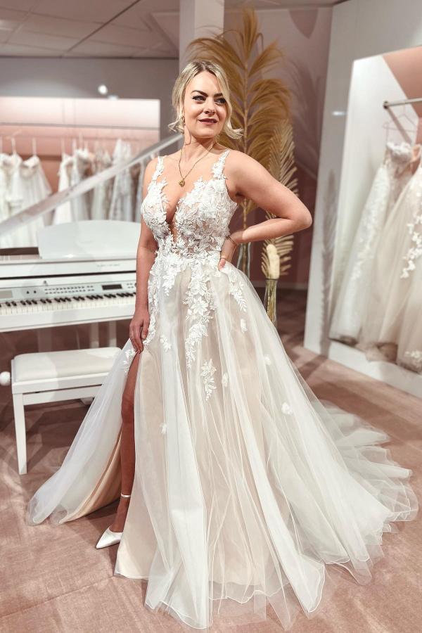 A-Linie V-Ausschnitt Chiffon Spitze Offener Rücken Lange Brautkleider Mit Schlitz