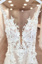 A-Linie V-Ausschnitt Chiffon Spitze Offener Rücken Lange Brautkleider Mit Schlitz