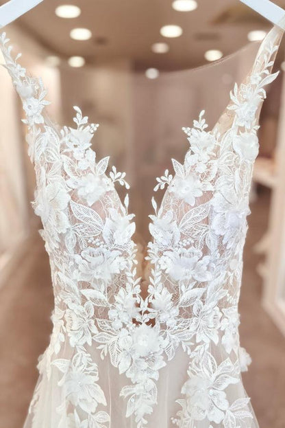 A-Linie V-Ausschnitt Chiffon Spitze Offener Rücken Lange Brautkleider Mit Schlitz