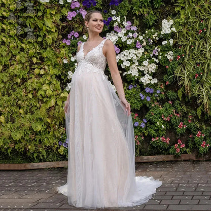 V-neck Wedding Dresses Empire Waist Lace-up Back Maternity Bride Dress White Garden Lace Bridal Gown for Pregnant Women Dress-payinti