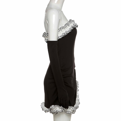 Vestido de fiesta negro con falda tubo y volantes blancos irregulares, vestido negro de regreso a casa Y2617