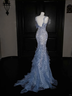 Wunderschönes blaues Tüll-Pailletten-Perlen-Rüschen-Meerjungfrau-Abschlussballkleid, formelles Abendkleid, Hochzeitskleid Y8671