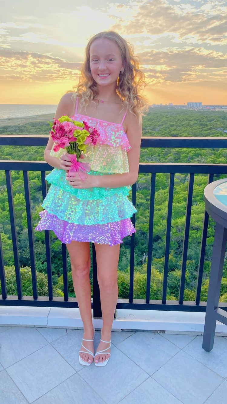Vestido de fiesta para mujer, con lentejuelas brillantes y brillo, sin mangas, con capas de purpurina y volantes de arcoíris, vestido de noche para club Y2475