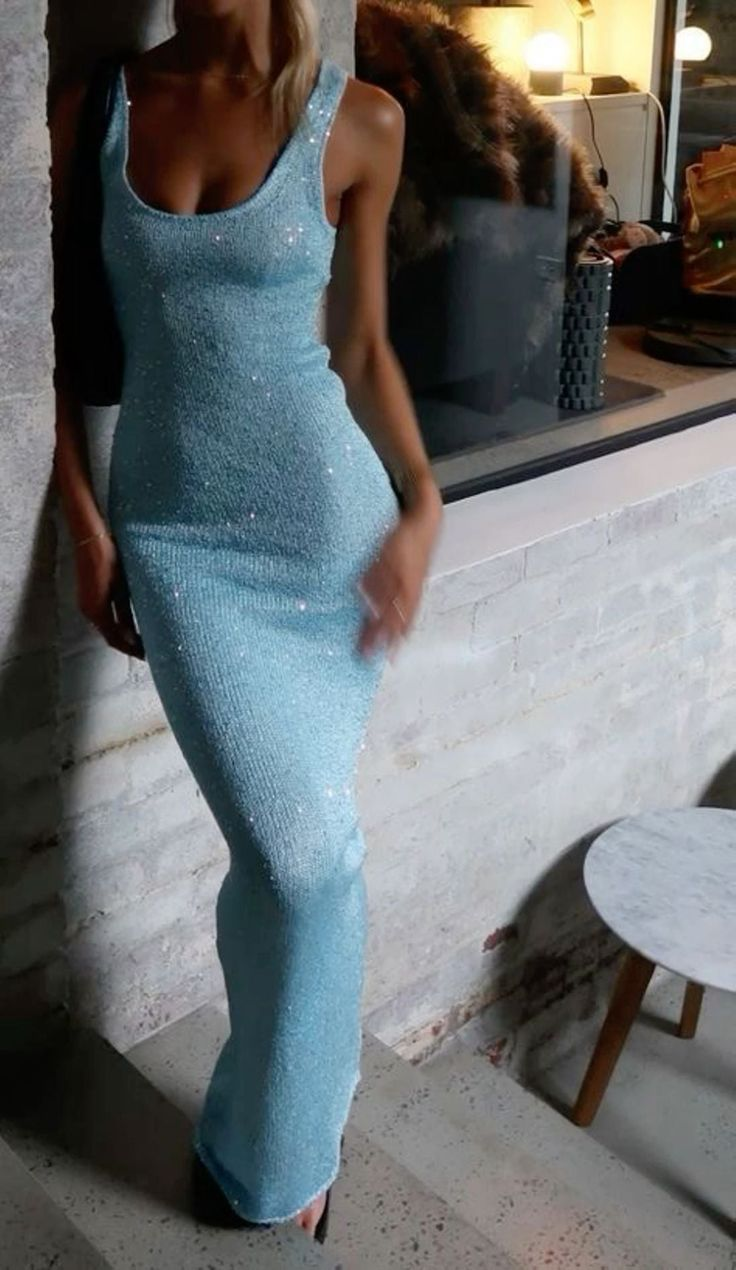 Vestido de noche azul largo con lentejuelas elegante Y7754