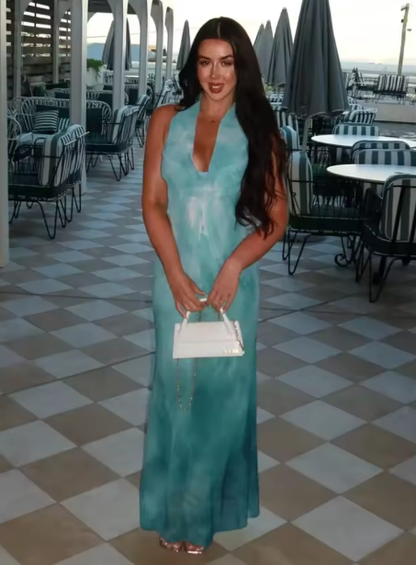 Elegante vestido de noche largo de gasa azul sin espalda y estampado Y8478