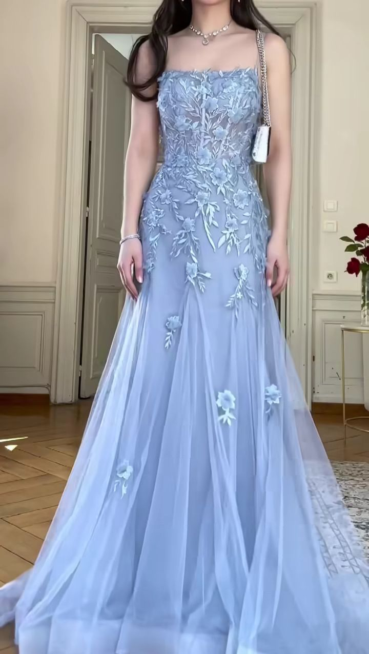 Vestido de noche largo estilo sirena con apliques de tul azul elegante Y8156
