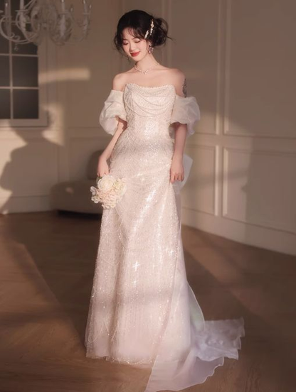 Rosa A-Linie Off-Shoulder Tüll Pailletten Perlen Langes Ballkleid Formales Abendkleid Y8050