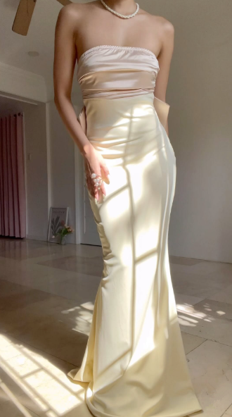 Vestido de noche largo tipo sirena, elegante, sin tirantes y con lazo Y8499