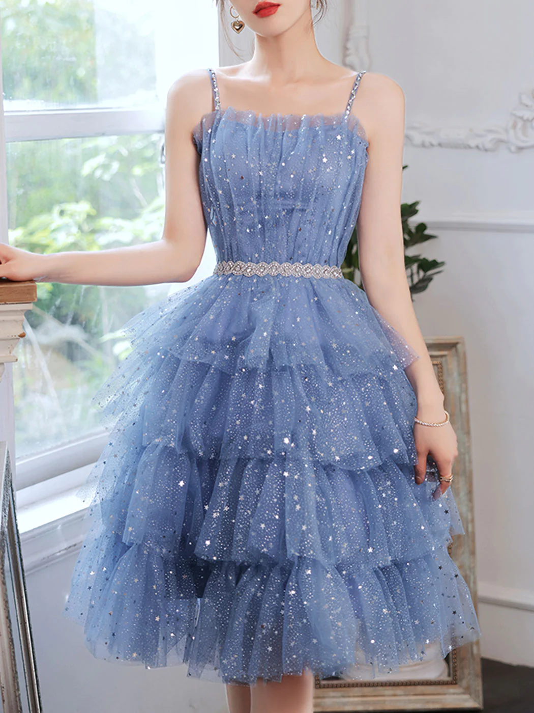 Kurzes, bauschiges, blaues Ballkleid, kurzes, bauschiges Tüll-Heimkehrkleid Y2620
