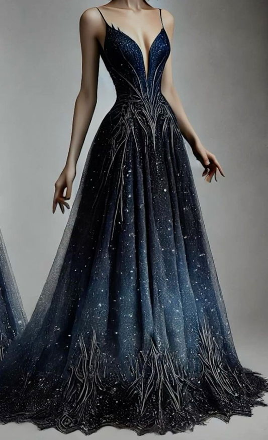 Vestido de noche formal con apliques de lentejuelas azul marino brillante Y8410