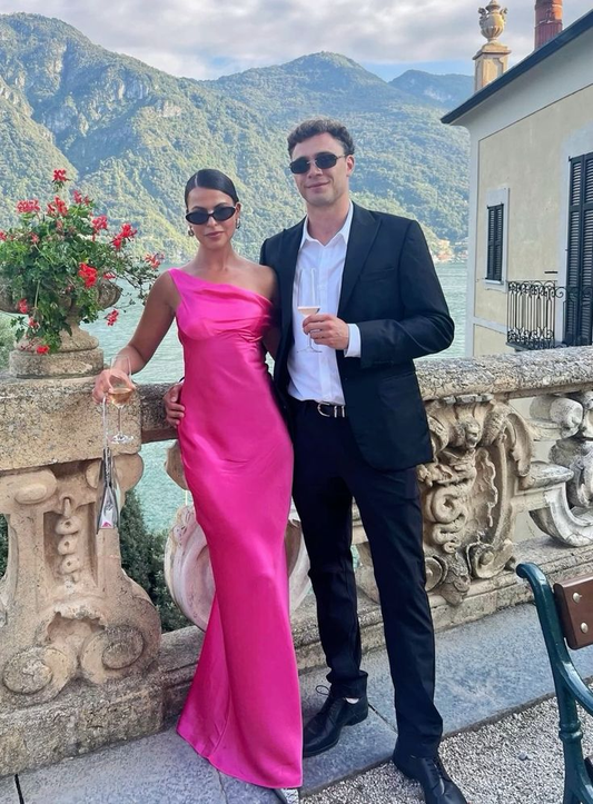 Hot Pink One-Shoulder Langes Ballkleid Satin Party Abendkleid Y8002