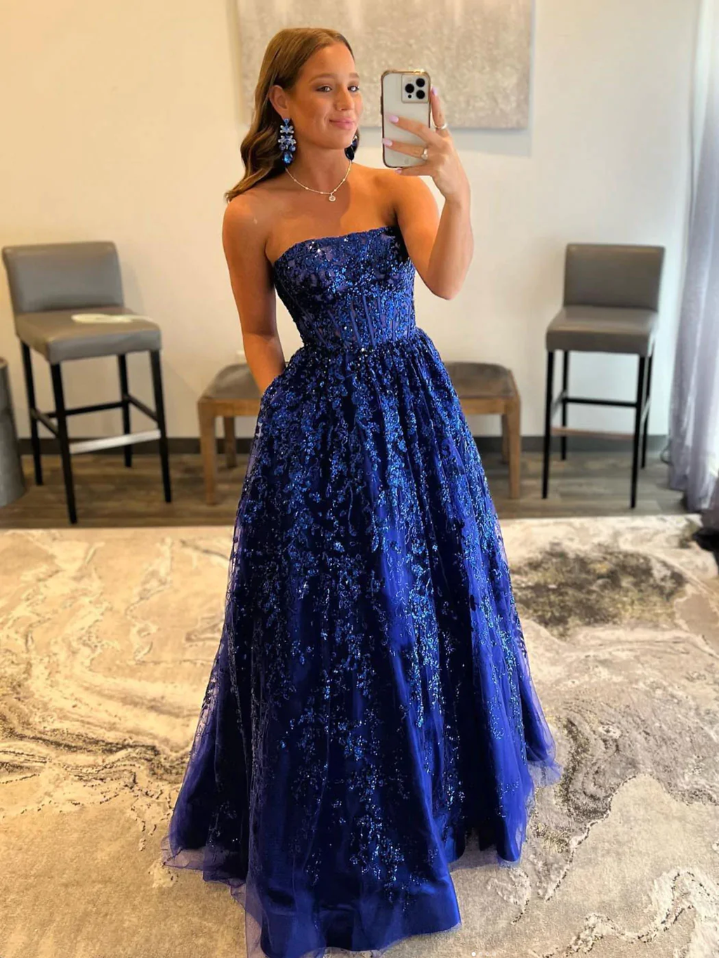 Blaues langes Ballkleid aus Tüll mit Pailletten in A-Linie, blaues Abendkleid aus Tüll Y3065