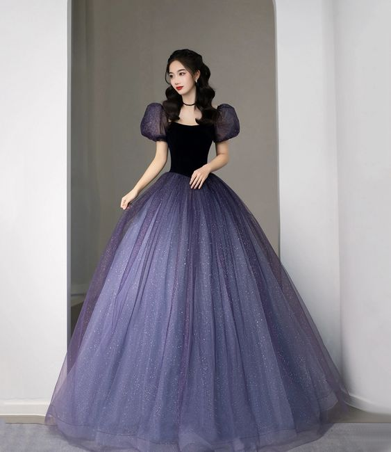 Lila Tüll Pailletten Langes Prinzessinnenkleid Abendkleid Y5619