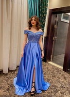 Blaues schulterfreies A-Linien-Ballkleid Blaues Abendkleid Y5778