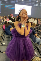 Vestido de fiesta de tul morado oscuro con corte en A Y2605