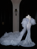 Wunderschönes Meerjungfrau Abendkleid mit Pailletten und Perlen in Blau, Tüll, Ballkleid Y8690
