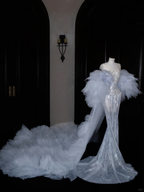 Wunderschönes Meerjungfrau Abendkleid mit Pailletten und Perlen in Blau, Tüll, Ballkleid Y8690