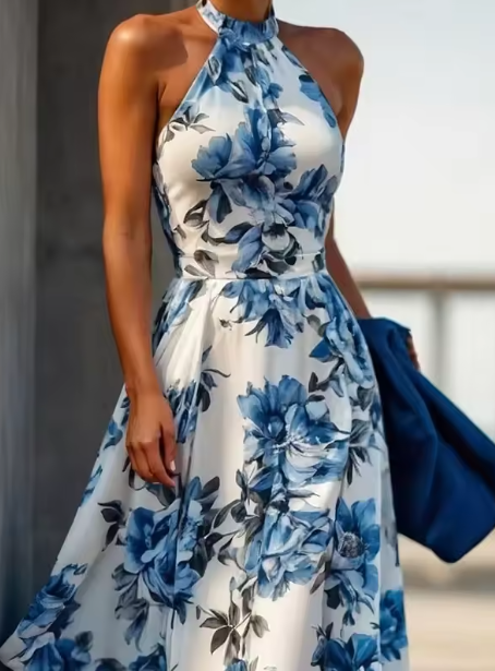 Vestido de noche azul de satén sin mangas con estampado floral y cuello halter, corte A, Y8480