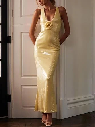 Sexy V-Ausschnitt Gelb Pailletten Etuikleid Abendkleid mit Blumen Y7891