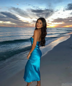 Vestido de fiesta azul sencillo sin tirantes, vestido de noche Y8188