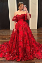 Vestido de fiesta rojo sin tirantes con encaje floral y mangas abullonadas Y5975