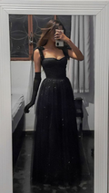 Elegante vestido de noche largo de corte A negro, vestido formal Y2869