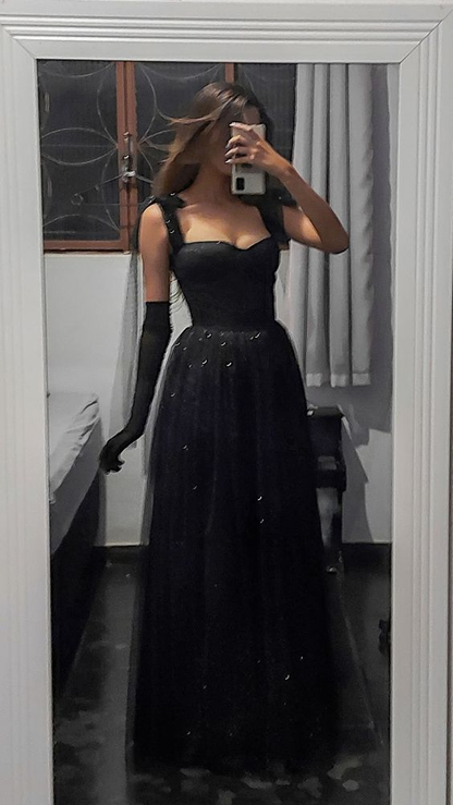Elegantes schwarzes langes Abendkleid in A-Linie Y2869