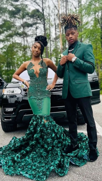 Luxurious Green Mermaid Evening Dress 3D Flowers Pageant Dress Y6356