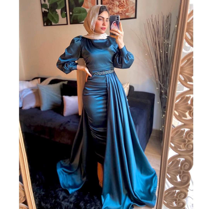Vestido de noche árabe musulmán, cuello alto, cintura alta, cuentas, mangas largas Y4937