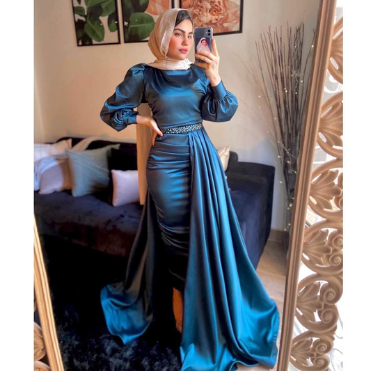 Vestido de noche árabe musulmán, cuello alto, cintura alta, cuentas, mangas largas Y4937