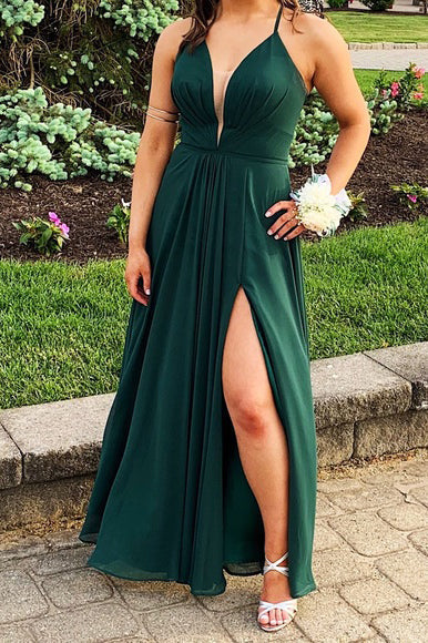 V Neck A-Line Long Prom Dress with Slit SCB65