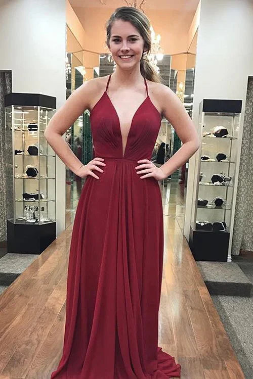V Neck A-Line Long Prom Dress with Slit SCB65