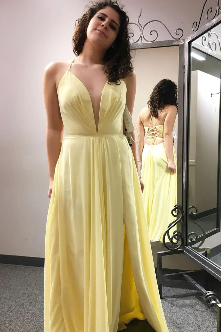 V Neck A-Line Long Prom Dress with Slit SCB65