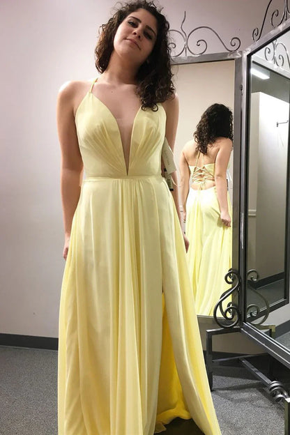 V Neck A-Line Long Prom Dress with Slit SCB65