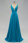 Vestido de dama de honor azul imperio con abertura lateral SCB48